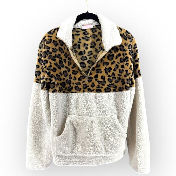 Leopard Print Sherpa Quarter Zip Pullover Hoodie Ivory Fleece Women’s Small - Picture 6 of 9